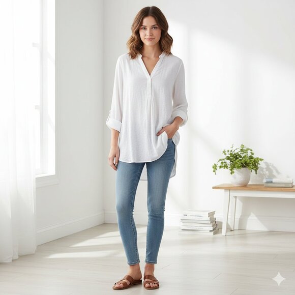 Aritzia Babaton Julien Shirt Blouse Top Rolled Sleeve White Neutral Size XS - Picture 10 of 10